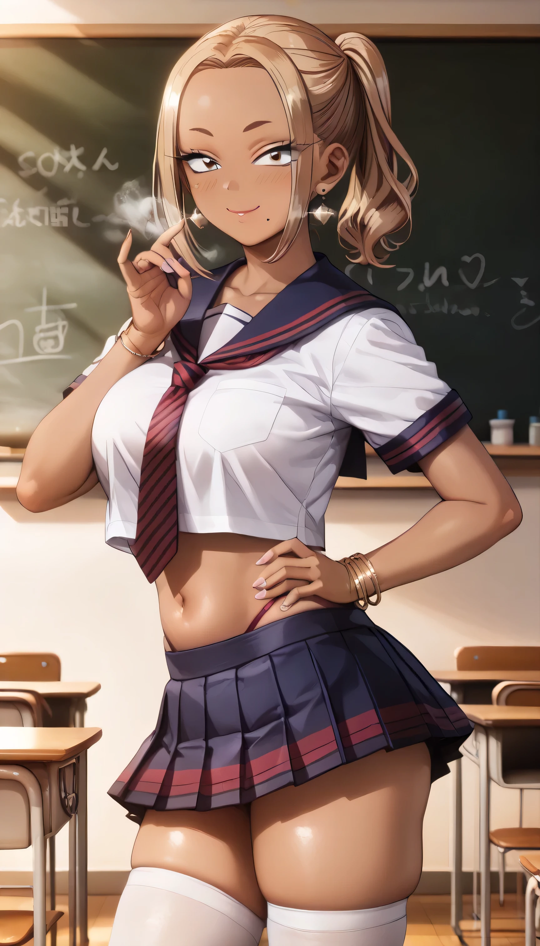 1girl, indoors, shirt, breasts, navel, tied shirt, solo, jewelry, skirt, bracelet, red eyes, blonde hair, short hair, smile, looking at viewer, red skirt, large breasts, plaid skirt, open mouth, wet, plaid, dark-skinned female, wet shirt, dark skin, necklace, wet clothes, bangs, white shirt, cleavage, collared shirt, gyaru, window, :d, blush, hair between eyes, desk, classroom, earrings, pleated skirt, hand on hip, standing, collarbone, stomach, chair, see-through, midriff, miniskirt, shiny skin, school desk, hand up, cowboy shot, , thighs, teeth, school chair, day, groin, contrapposto, shiny, ear piercing, piercing, ass visible through thighs, no bra, dress shirt, sleeves rolled up, bead bracelet, stud earrings, long sleeves, tan, front-tie top, upper teeth only, see-through shirt, crop top, bangle, nail polish, fingernails, hand in own hair, sunlight, kogal, star (symbol), covered nipples, tiles, backlighting, wing collar, pendant, sweat, medium hair, beads, short sleeves, curtains, multiple earrings, wristband, open shirt, tile floor, no panties, open clothes, hair intakes, table, long fingernails, unbuttoned, cross necklace, heart necklace, lower teeth only, partially unbuttoned, microskirt, feet out of frame, simple background, cross, crossed bangs, chalkboard, star earrings, lowleg, bob cut, eyelashes, signature, medium breasts, legs apart, sidelocks, mole, navel piercing, tree, artist name, shiny hair, unbuttoned shirt, white background, ceiling, school, wet hair, arm up, hair tucking, bare legs, pink nails, no humans, sitting, hoop earrings, heart, buttons, skindentation, round teeth, white nails, long hair, red nails, Uniform distribution, see-through silhouette, socks, evening, fang, shadow, mole on breast, water, hand to head, sleeves past elbows, tongue, holding, nipples, pearl bracelet, glint,