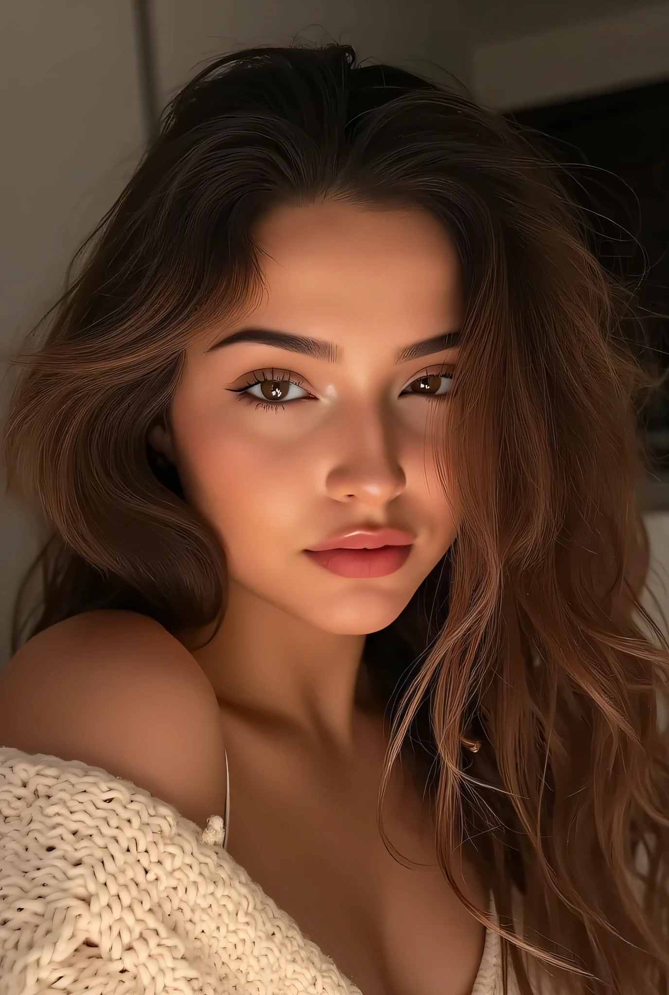 A girl in her 20s, White-skinned Latina , brown eyes sweater, long wavy light brown hair.