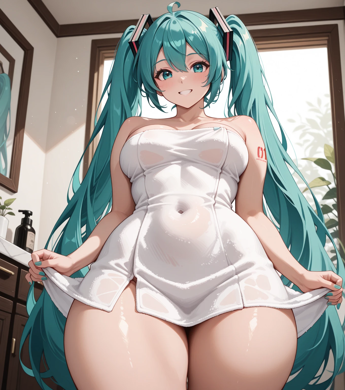 ((masterpiece, best quality)), high resolution,ultra detailed,8k,16k,detailed background, perfect lighting,detailed beautiful eyes,pussy,1girl,solo,nsfw,clitoris,embarrassed,blush,look at viewer,steam,sweat,aroused,from front,(standing),in heat,fisheye lens,show off pussy,t-shirt,seductive eyes,naughty face,open mouth,pregnant,
,slender,pale skin,small breast,faruzan,light green hair,long twintail,hair ornament,(anime style,colorful),forest city