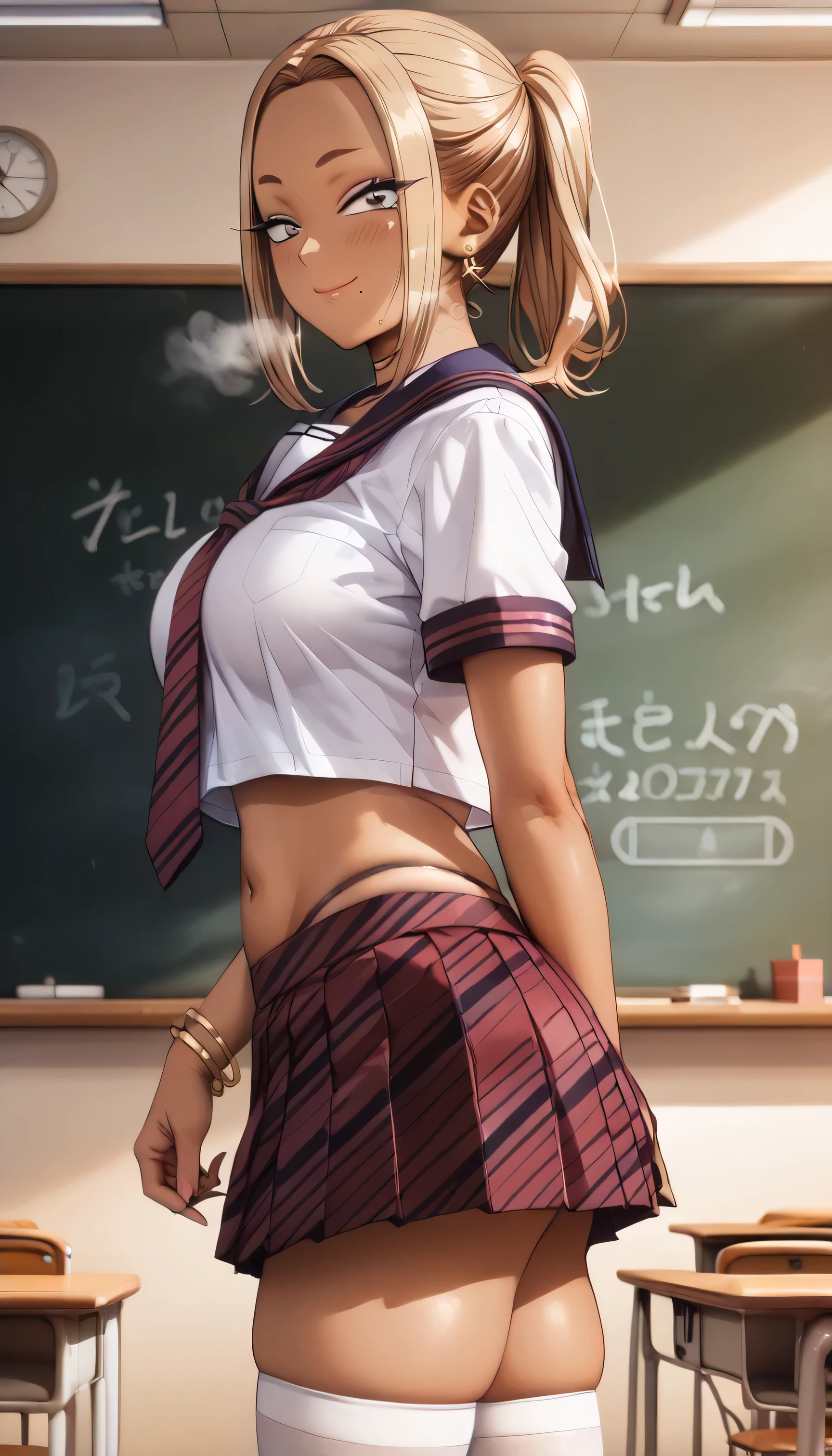 Nene Onemine, side tie up, masterpiece, best quality, highres, chi1, 1girl, Nene Onemine, Gyaru, (beautiful, brown skin:1.6),brown & blonde hair, short hair, ponytail, beautiful eyes, mole, mole under eye, mole under mouth, earrings, , solo, bracelet, bangs, 1girl, solo, skirt, chalkboard, large breasts, school_uniform, thighhighs, navel, crop_top, large_breasts, smile, long_hair, looking_at_viewer, serafuku, blue_skirt, pleated_skirt, white_thighhighs, midriff, bangs, indoors, classroom, sailor_collar, thighs, crop_top_overhang, short_sleeves, skindentation, shirt, miniskirt, cowboy_shot, necktie, closed_mouth, zettai_ryouiki, white_shirt, stomach, sensual pose, from aside, standing, hand on back head, thong, , heavy breath, seductive smile, blush, m pose, underwear, navel,