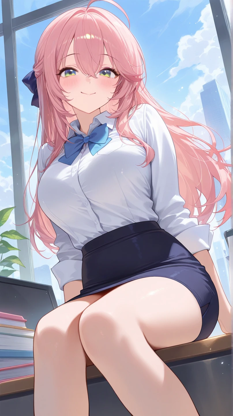 (masterpiece), (best quality), (illustration), (Exquisite and detailed), (high resolution), 1 Girl, Solitary, Looking at the audience,
sit, 
Sunset, (Uniforms), 
Long hair, Red and purple eyes, 
Ribbon, White shirt, (blue) skirt, Black over-the-knee stockings, skirt，skirt，nipple，nude，protrude，Chest，Open neckline，
Smile, blush,
indoors, window, [architecture], classroom, table, Chair, (coffee:0.5)