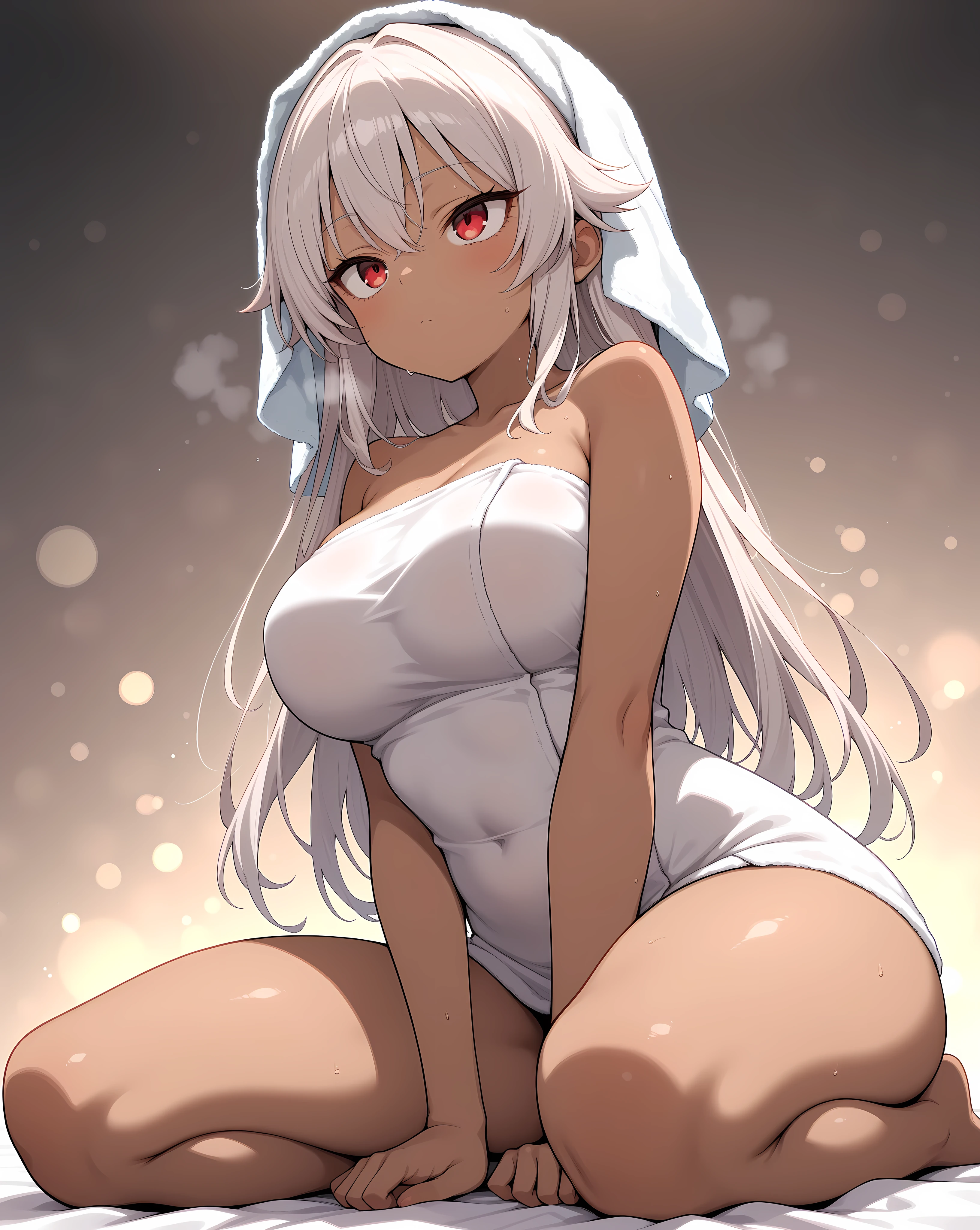 masterpiece、top-quality、1girl in。(bathrobe:1.2), white hair,Red Eyes,(mare:0.8), (Fantastical:0.7), (A smile:0.8),fox ear,salon,wear bra, wear dress , wet clothes,wet hanging,salon, perfect body, perfect breast,((blush on: 1.2)),((fox-tails:1)), perfect big fox-tails, crop top, ((white legwear)),hair bobbles, tights, recumbent on the bed, hot, girl below, looking up,(( Wear dress)), white suit,((wet:1.3)), neckline, navel, t-shirt, ((bra)), clothes lift, tights, perfect face,((peeing:1.4))