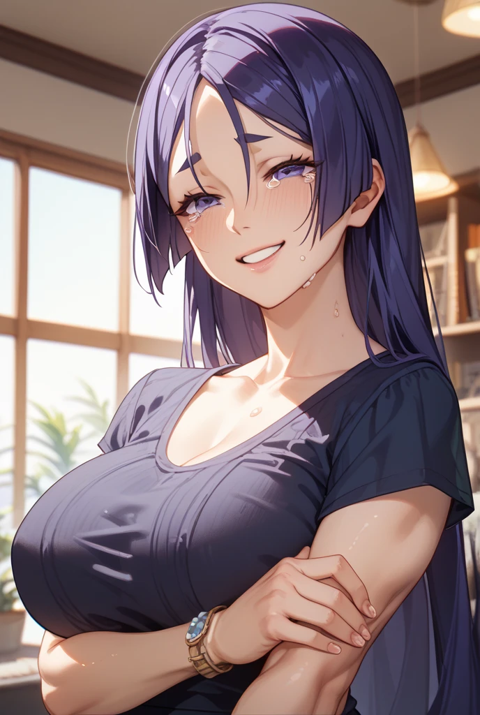 (mature female:1.4), masterpiece, best quality, 1girl, solo, cleavage, smile, purple eyes, brown hair, tank top, blush, collarbone, bare shoulders, white shirt, looking at viewer, upper body, ponytail, shirt, large breasts, bangs, blue hair, closed mouth, armpits