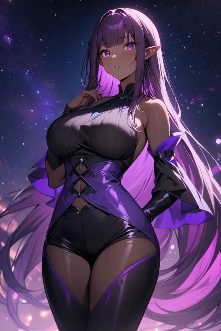 score_9, score_8_up, score_7_up, source_anime, medusarider, medusa rider, long hair, very long hair, purple hair, facial mark, forehead mark, thighhighs, dress, cleavage, bare shoulders, detached sleeves, black dress, collar, strapless, strapless dress, blindfold, outdoors, night, night sky, moon, clouds, looking at viewer, cowboy shot, dutch angle, fighting stance, weapon, chain, knife,