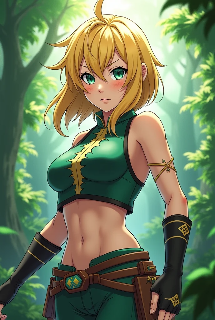 8k wallpaper, masterpiece, movie lighting, medieval setting, Beautiful female rogue with blonde hair and greenish eyes walking on a winding road with a smile on her face, sunrise with clear skies background, gremlin, mischievous smile