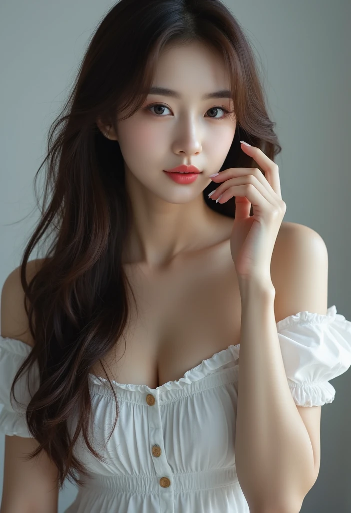 Best quality at best, tmasterpiece, A high resolution, Half-open shirt,Beutiful women, small, Small under breasts, 鎖骨, Off-the-shoulder delicate face, actual, Real people, (highdetailskin: 1.4), Slr, gentlesoftlighting, high high quality, photore, A high resolution, Background bed, The beautiful,The cleavage is tempting,Selfie perspective,girlfriend