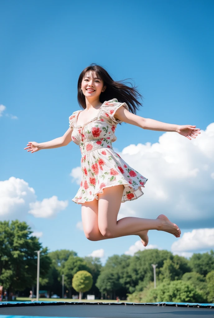 (RAW Photos:1.2), (Realistic:1.4),Beautiful detailed woman,非常にfine grainと顔, fine grain, Very detailed,High resolution, Very detailed,highest quality,Unified,8k wallpaper,masterpiece,highest quality,1 female,alone,rich,Whole Body Ezbian,(A little thick:0.9),Toned figure,,Tight waist,alone,(Pink one piece suit,mini skirt,High heels),Jewelry Necklace,Medium Long Hair,Spreading his arms and legs and jumping high:1.5、A kind smile,Realistic,On the Plateau