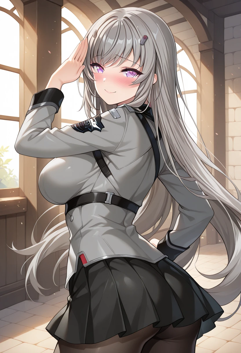masterpiece, mischievous smile, light blush, looking at viewer, huge breasts, sexy pose, female rean schwarzer, long hair, black coat, black skirt with a slit on the side, black gloves, white hair, red eyes, (open shirt: 1.2), (nipples: 1.2), detailed white classroom in the background