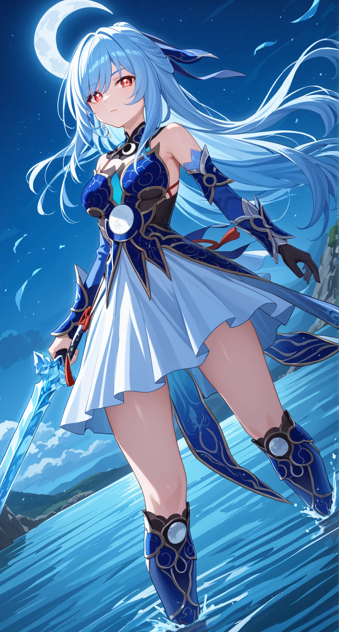 nsfw,Jingliu,glass cover,side shot,alternate color,masterpiece,detailed illustration,lifelike,{{{1Jingliu}}},shiny beautiful woman,cinematic lighting,dynamic angle,dynamic pose,depth of field,looking at viewer,1girl,jgsd,red eyes,glowing eyes,bright pupils,blue armored dress,white skirt,tassels,hair ribbon,black gloves,blue sleeves,armored boots,light blue skirt,lake,night,midnight sky,crescent moon,fighting stance,holding an Ice sword,expressionless,standing,contrapposto,arched back,open legs,from below,thigh focus