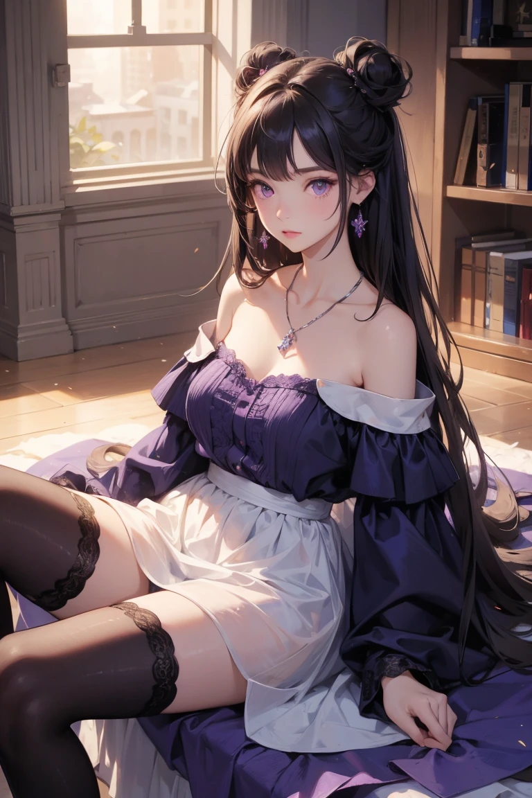 shoulder to shoulder dresser, best qualityer, high resolution, 1 girl, Super high resolution, standing alone, Stockings, purples eyes, , long hair, bangss，necklase, witheout panties, VAGINA Linda, without bra, Beautiful breasts