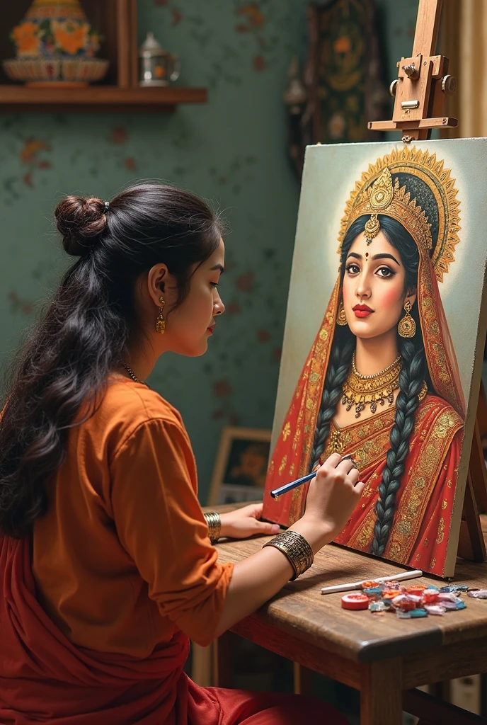 Un portrait très réaliste et détaillé d'une jeune fille arabe, dessinant le portrait de sa mère. Elle la dessine avec des couleurs, ses vêtements sont tachés de couleurs, elle se tient sur une chaise, une chaise en bois, sa mère décédée lui manque, la tendresse de la maternité, le signe de la tristesse et les larmes aux yeux, la douce lumière au-dessus d'elle, le fumée dans la pièce et outils de teinture dans la pièce.