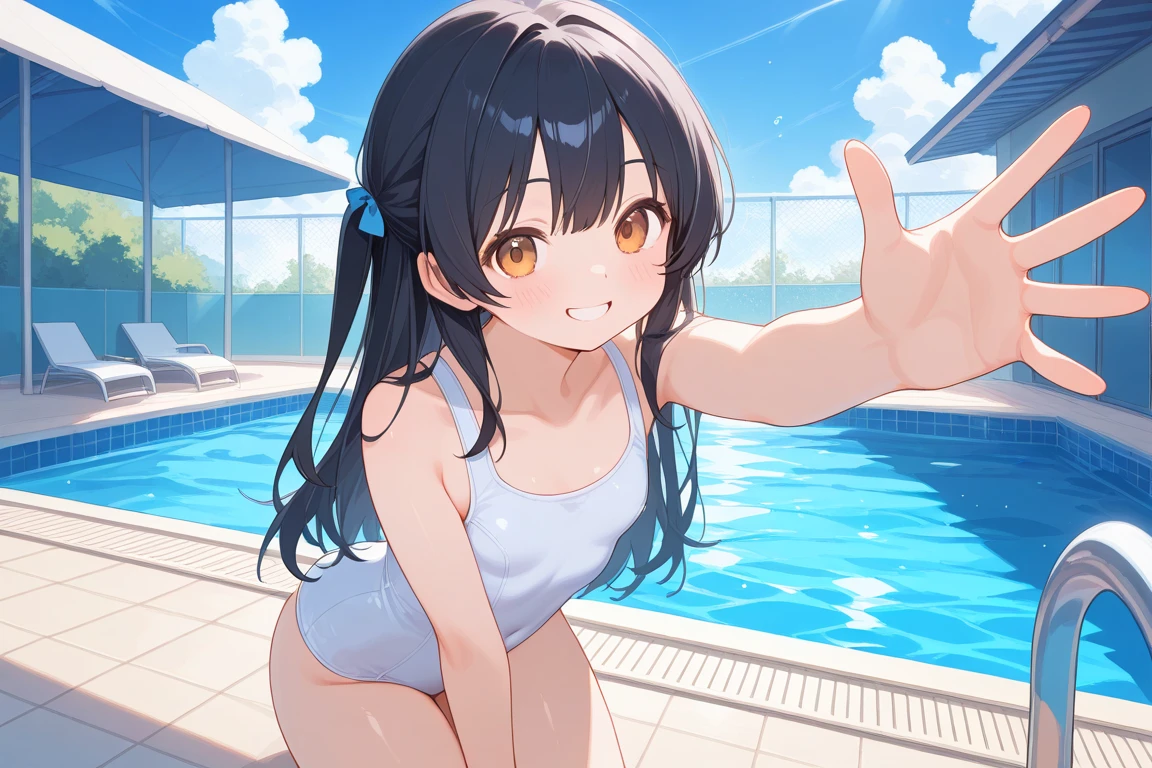 (perfect body),highest quality,16K、(((((upon)))))、((light blue striped bikini))、()、(((blush)))、mouth wide open、:d、V-shaped eyebrows、((((black long hair))))、(brown eyes),((side ponytail)),(Sweat)、((((flat chest))))、(((thin thighs)))、armpit、(lean forward)、(claw pose)、by the pool
