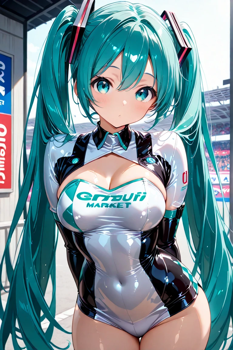 ((Hatsune Miku)), sexy outfit, twintails, high-leg leotard, high heels, ((race queen)), ((race circuit)), Mercedes-Benz, standing pose, high quality, high resolution, anime illustration