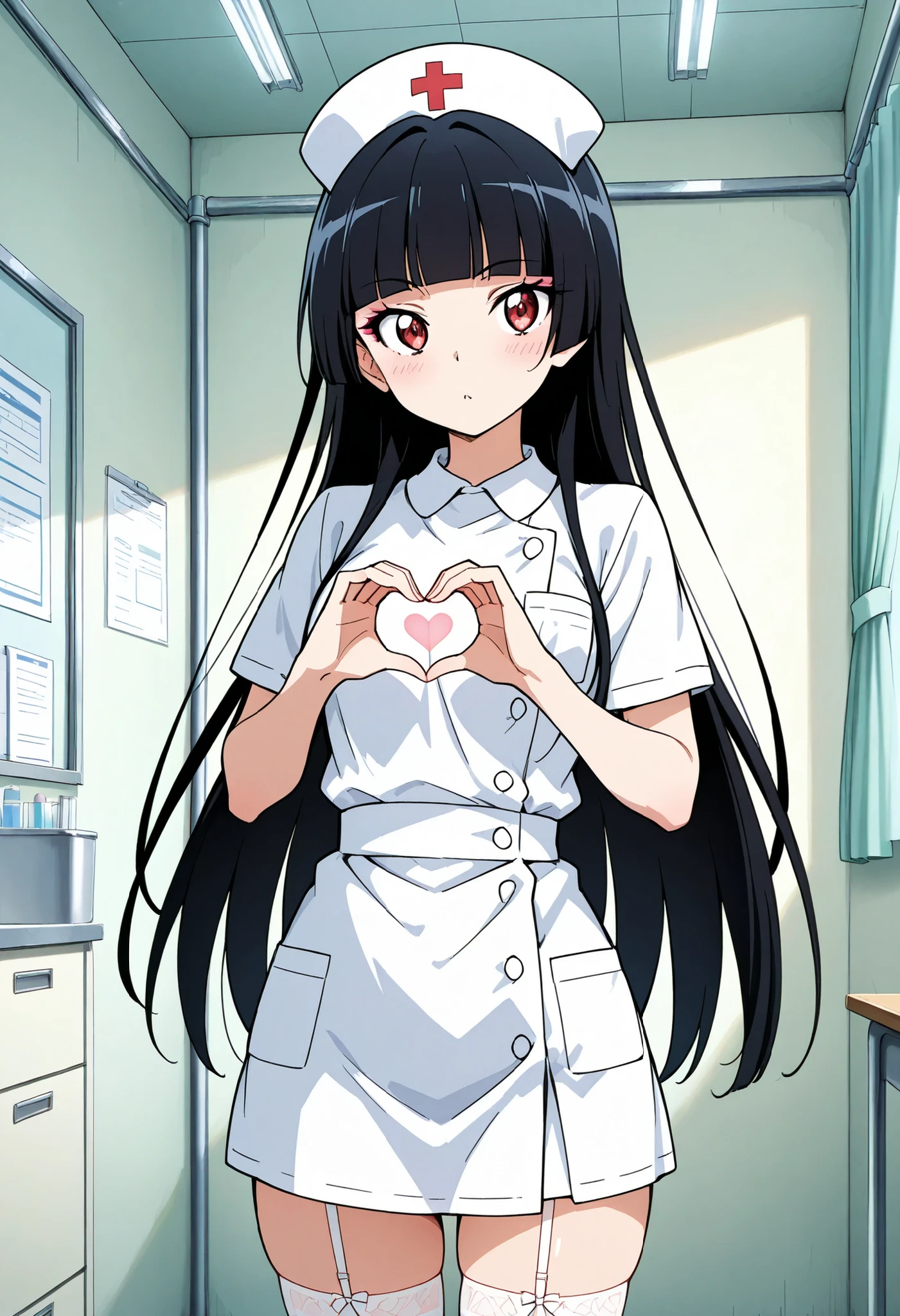 Highest Quality, details, high resolution, 8k, 超high resolution, shot from the front、(anime illustration style:1.2),standing、1 girl on a day off, solo、Rory Mercury、(Perfect eye alignment),long hair, black hair, Red Eyes, Bangs, blunt Bangs, princess cut,makeup, Nurse working in hospital , White Nurse Uniform、garter straps , embarrassing , Tilting Your Head , (((heart hand))) , heart inside a heart