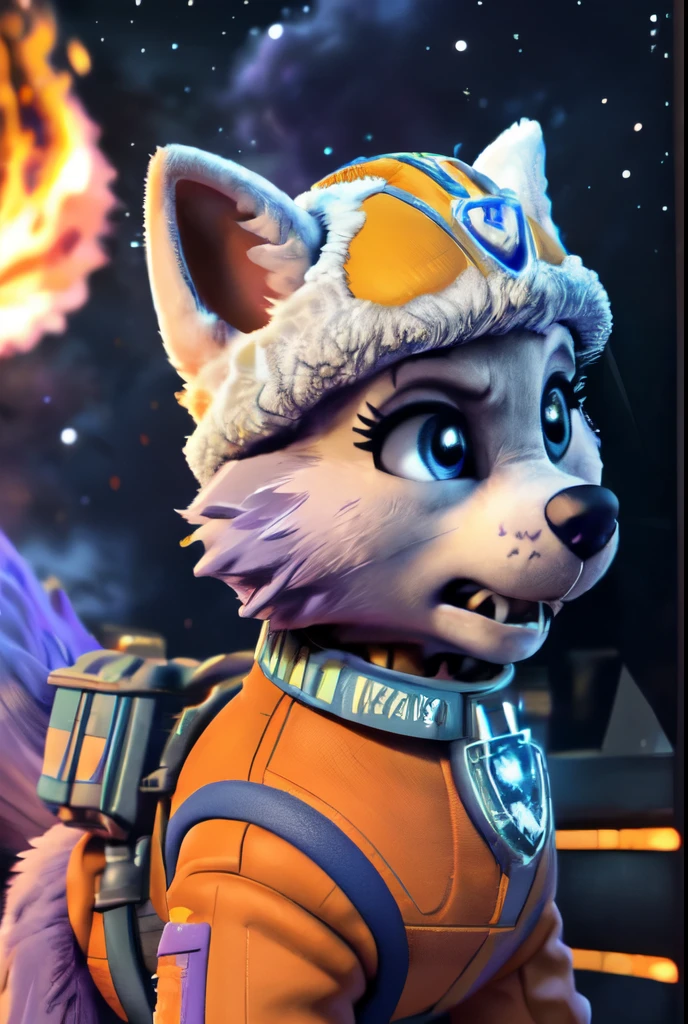 Everest, ((Paw Patrol)), ((female solo)), domestic dog, female, adult female, blue eyes, (lavender fur:1.65), ((lavender body)), (wearing rebel pilot outfit:1.45), (wearing Paw Patrol collar:1.45), (wearing aqua winter hat:1.25), ((sharp teeths)), ((large fangs)), blue eyes, (Shiny eyes:1.6), ((Pixar eyes)), perfect eyes, ((glowing eyes)), (hyper realistic:1.65), long fluffy tail, very large tail, tail up, very furry and fluffy, ((very large fangs)), perfect ligthing, (Cyberpunk city background:1.25), (fire at background:1.65), ((many hearts all over the screen)), (front side view:1.25), ((seductive break)), ((spread legs)), spread legs, (rajii:1.1) (dimwitdog:1.1), (thesecretcave:1.25), (cooliehigh:1.1), (miles-df:1.1), (complextree:1.1), (pixelsketcher:1.1), (foxovh:1.1), (zaush:1.1), (avante92:0.70), (meesh:1.1), (inu-sama:0.80), (cervina7:1.1), (F-R95:0.70), (R-mk:1.1), (xpray:1.1), (standing tall:1.65), (large fluffy tail:1.65), (close up to face:1.15), (angry expression:1.35), (nebula:1.45), (starry:1.45), (planet at sky:1.45), (hyper breasts:1.35), (anthropomorphic:1.65), (some muscles:1.45), (strong female:1.35), (hyper breasts:1.25), (white ears:1.55), (3D render:1.25)