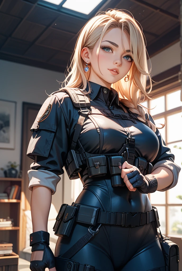 super fine illustration, ultra high resolution, masterpiece, highest quality, perfect dark skin, perfect lighting, detailed lighting, dramatic shadow, ray tracing, 1 beautiful white milf, looking at the viewer, small breasts, exposed cleavage, beautiful detailed hazel eyes, sharp face, clear eyes, long bang, ((medium curly blond hair:1.2)), ((post-apocalyptic fiction)), ((desert:1.2)), ((Upper body:1.2)), battle suit, military harness, Alice Abernathy - Resident Evil Series, Milla Jovovich,