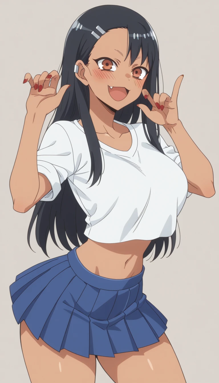 score_9, score_8_up, score_7_up, source_anime, anime screencap, anime coloring,
hayasenagatoro,
hayase nagatoro, long hair, black hair, hair ornament, brown eyes, hairclip, fang, dark skin, dark-skinned female, tan, short shirt, bikini, shorts, unbuttoned, nail polish, red nails, earclip,
indoors, beach, bent over,
looking at viewer, solo, ((shows her belly)), ((pregnant belly)), huge belly, rub belly, Big breasts