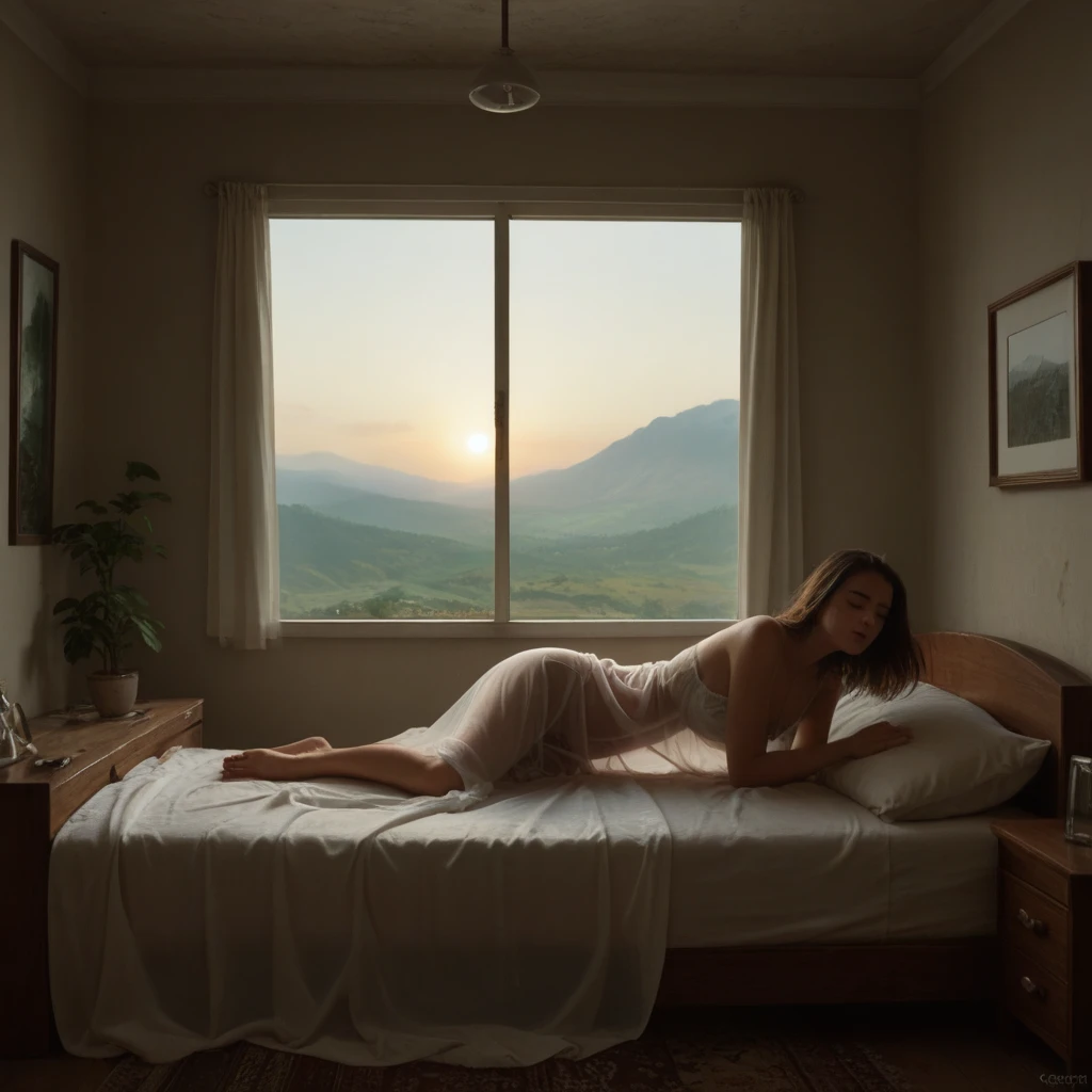 Naked women sleeping, room with open door showing a beautiful view of nature, Dawning, Gentle sunlight
