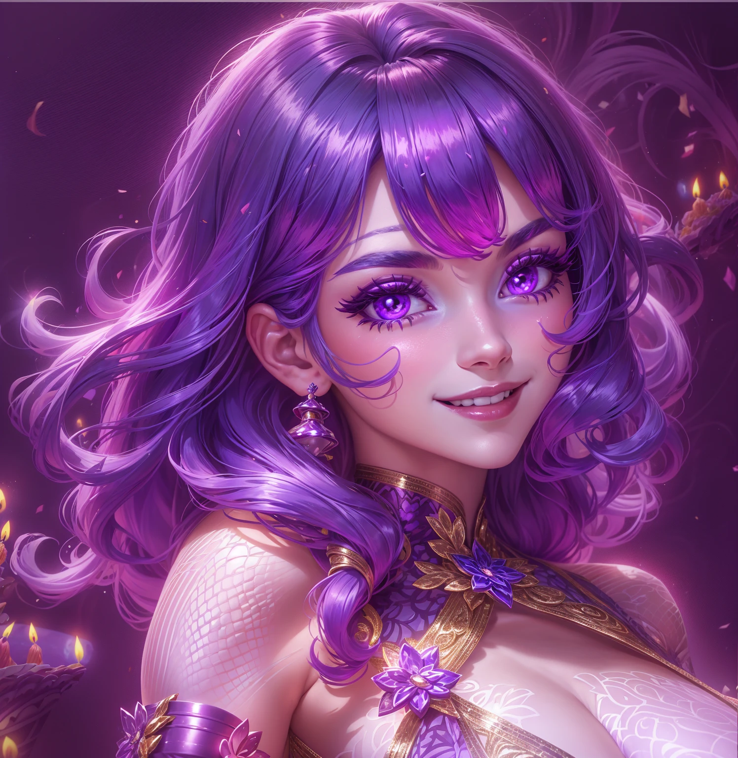 (best quality:1.3), (4K quality),masterpiece, best quality, high res, detailed, (Detailed face:1.2), (Detailed eyes:1.2), solo, 1girl, 25 year old woman, Sorceress, Fantasy, Dark Skin, Purple eyes, Purple Hair, Blue Hair, Pink Hair, Long Hair, Dark Skin, covered in tattoos, (Wearing: strapless top, loincloth, golden bracelets, golden head piece, knee high boots:1.2), looking at viewer with an amused smile, both hands glowing bright purple, purple magic, bright purple sparks in both hands, style artgerm, extremely detailed artgerm,