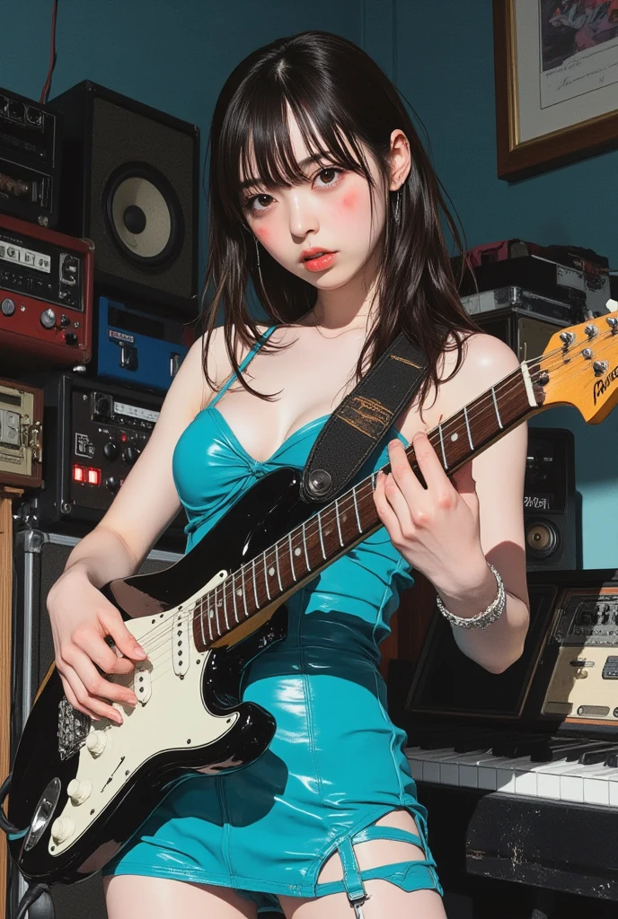 Bewitching woman wearing bodysuit and making melioic sign holding an electric guitar stroking hair Perfect beauty Very white skin Beautiful eyes Glossy lips The perfect electric guitar head phone Inside the spacecraft