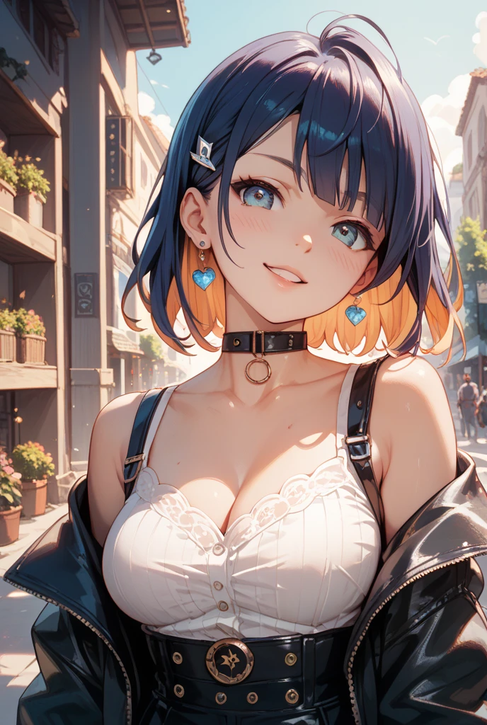 dark blue short hair（tmasterpiece，：1.2，best qualityer），（1lady，独奏，Upper body body：1.2）dark blue short hair，garments：short- sleeved，Short blue shoulder-length hair accessory：Issuing ，Balloon nature，Glowing skin，Doing：Shyness blush，Smile location：An amusement park，eBlue eyes，gigantic cleavage breasts，