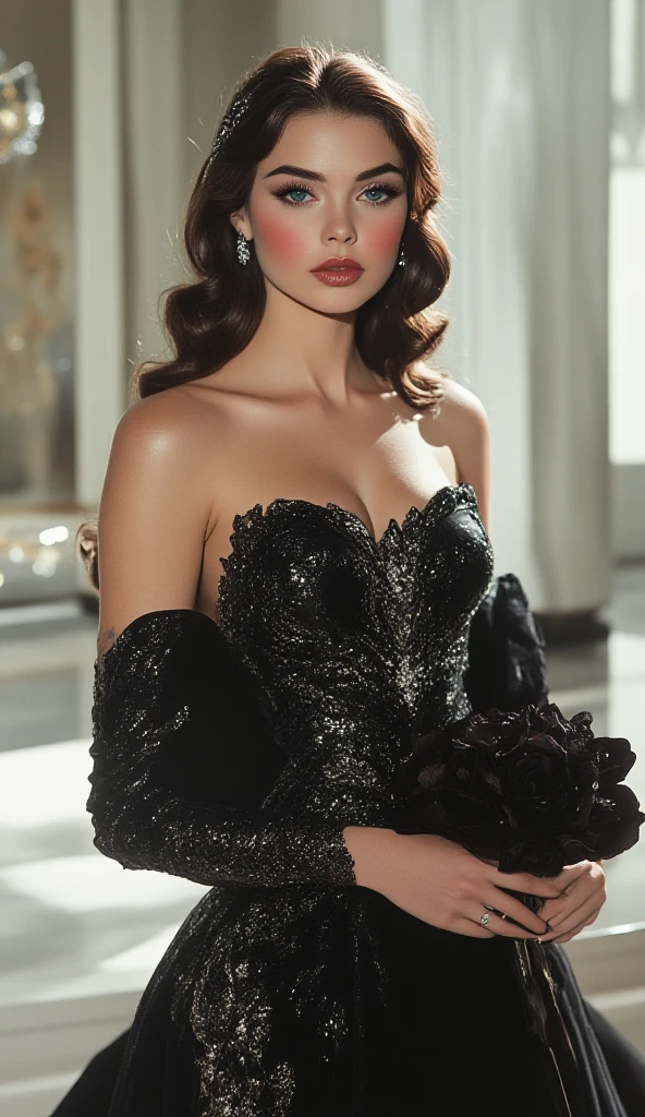 Design a character named a high-profile socialite known for her malif seducing charm and enigmatic presence. She wears a cleavage showing stunning, form-fitting seducing gown that gracefully accentuates her sexy figure while exuding erotic. The gown features a deep highlighting boobs, plunging chest and intricate, cleavage seducing details that hint at her bold and daring nature. Seraphina's confident stride ,and magnetic aura draw attention wherever she goes.backround Seraphina comes from a mysterious ,and wealthy family with a hidden agenda. Her charm is not just a facade; it's a tool she uses skillfully to navigate high society and uncover secrets.Personality She is confident, witty, and masterful in the art of persuasion. Her sharp intellect and strategic mind make her a formidable player in social and political circles.