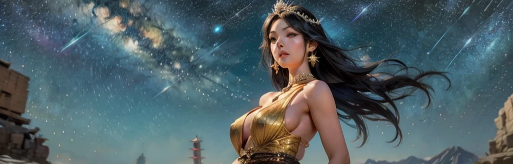 hindu goddesses, gigantic saggy breasts, big round ass, transparent tight panty, divine beauty, intricate jewelry, vibrant colors, ornate headdresses, multiple arms, graceful poses, serene expressions, divine energy, celestial glow, majestic backdrops, ethereal lighting