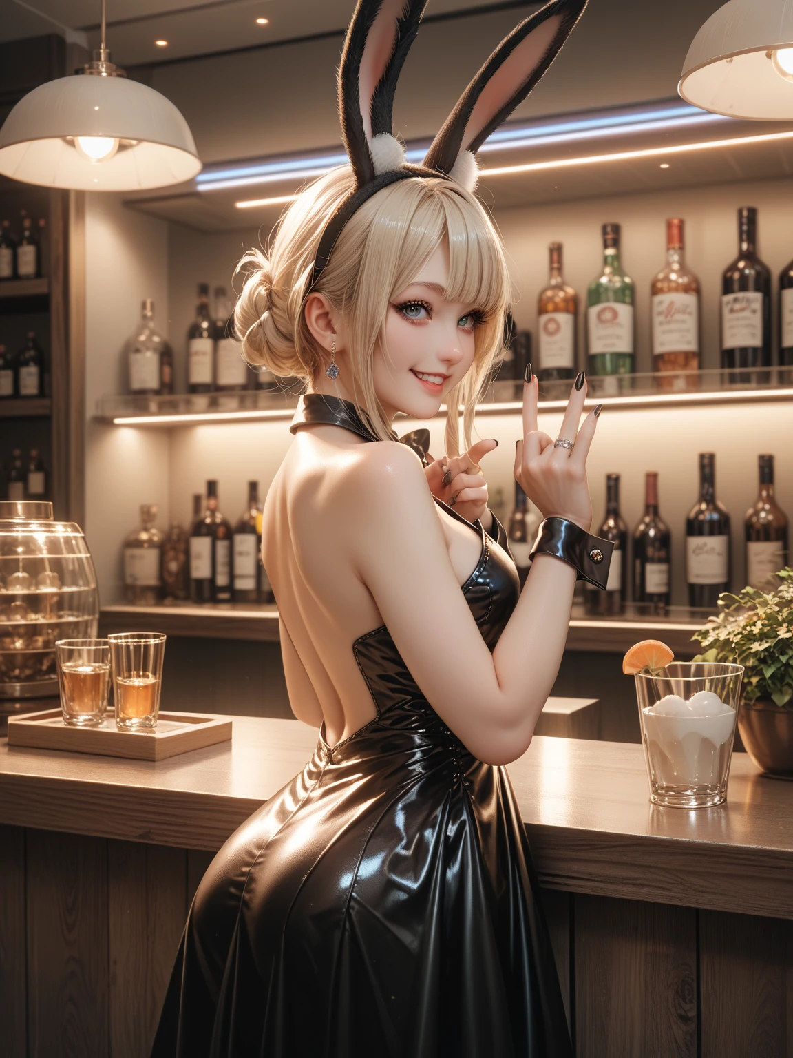 ((((masterpiece, best quality, high resolution)))), Extremely detailed 8K, Beautiful girl with voluptuous body, (Ultra HD, Ultra-detailed, Highly detailed, Highly realistic, Ultra-realistic, photograph realistic), (1girl:1.5), (Realistic white hair), (short wavy hair, earrings), (dynamic poses), facing at camera, looking at viewer, (blushing red, embarrassed, smile), (purple eyes, sharp eyes), (perky breasts:1.2), (beautiful detailed face, beautiful detailed eyes), ((black Playboy bunny, pantyhose, fake rabbit ears)), (standing up), sweat, glow, (night), ((cowboy shot)), jazz bar