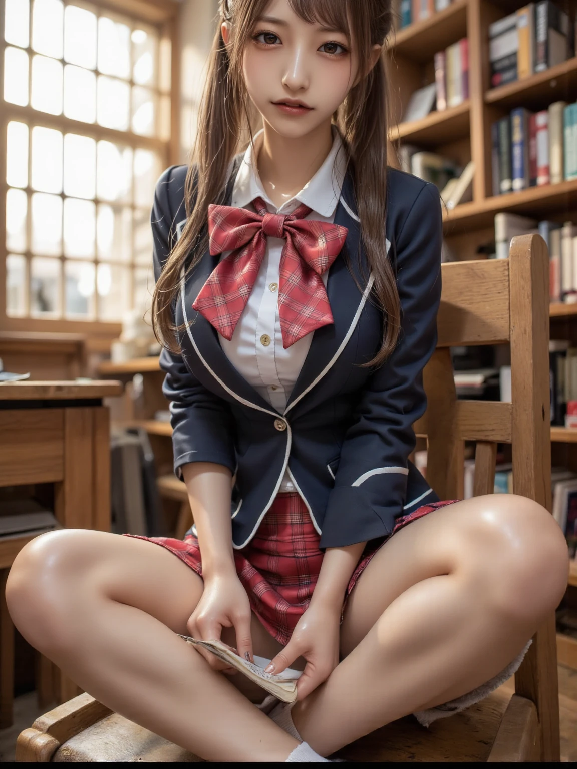 masuter piece, best qualtiy, (((realisitic, Photorealsitic:1.37))), ((独奏)), 8K image quality, Extremely delicate and beautiful, splendid, Official art with attention to detail, Ridiculous, Unbelievably ridiculous, huge filesize, ultra-detailliert, ighly detailed, (Petite and cute girl), (detailed girl), extremely detailed eye and face, Beautiful detailed eyes, Light makeup,, (Perfect female figure), large full breasts, Slim waist, big butts, (Nordic beauty), ((fullllbody)), ((Put the head in the frame)), Blond hair head hair, With bangs, (Cute little glasses), ((Pupils)), (((Dark red blazer on uniform、Miniskirt with tartan check))), (Sitting), ((open one's legs)),