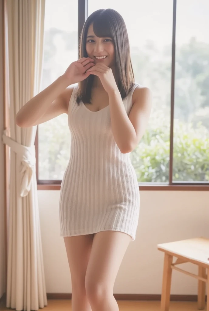 ((NSFW)),(((Naked schoolgirl:18year old、No shirt、no brassiere:(small breasts()))),((A smile:show teeth))、Schoolgirl skirt,カラフル下着