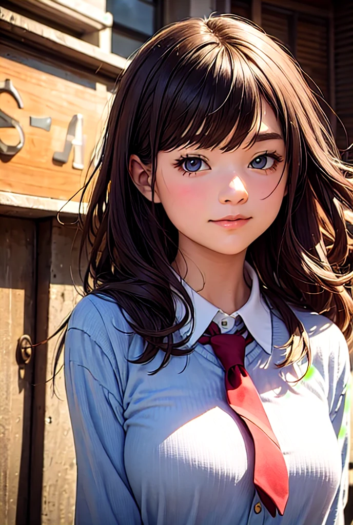 (A Certain Science Railgun, Misaka Mikoto), brown skin, school uniform, (pink medium hair), young, cute, beautiful girl, perfect style, big, emphasized cleavage, expressionless, realistic, realistic, 8k, very detailed, highest quality, best quality, super high definition, masterpiece, one girl, (background is Egyptian pyramids),