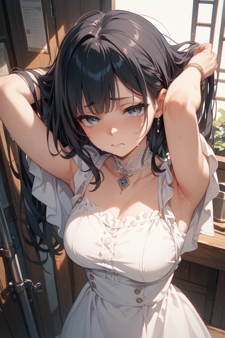 (masterpiece:1.5), (best quality:1.2),(famous artist:1.2),(official art:0.5),from adove, (Top quality:1.2),(high resolution:1.2),1girl,solo,clothes reflecting light,loli,oppai loli,BREAK,(black hair:1.6),loli face,half naked ,smile,long hair, Dungeon, fear, fear, terror, despair,trars, tears