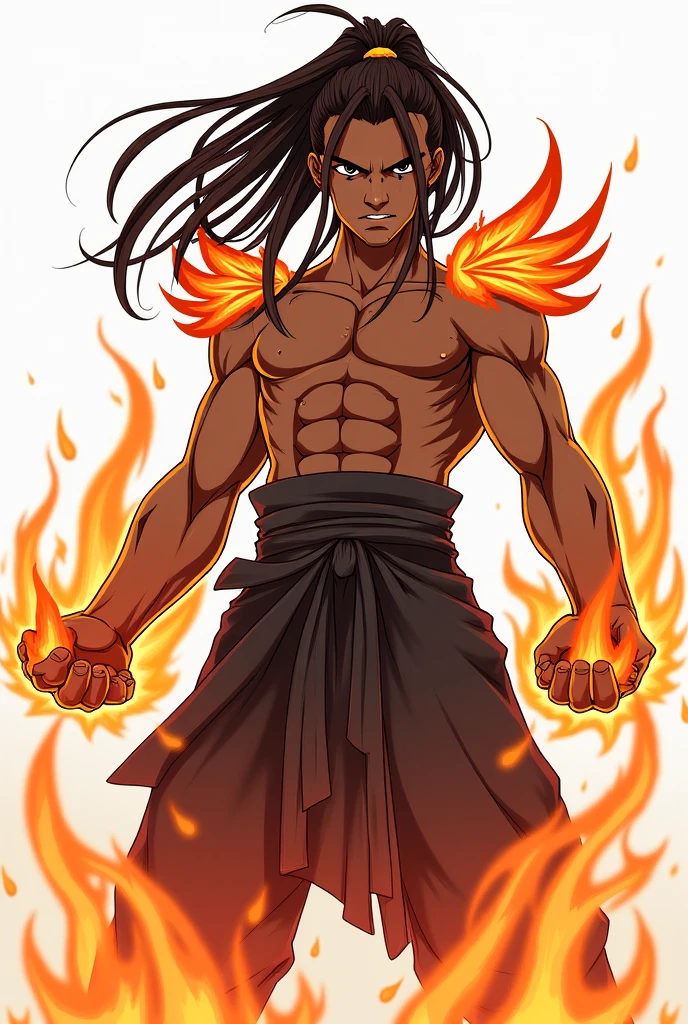 anime, 1 human man only, long black hair, standing, right wooden hand, left ice hand, right fire foot, left skeleton foot