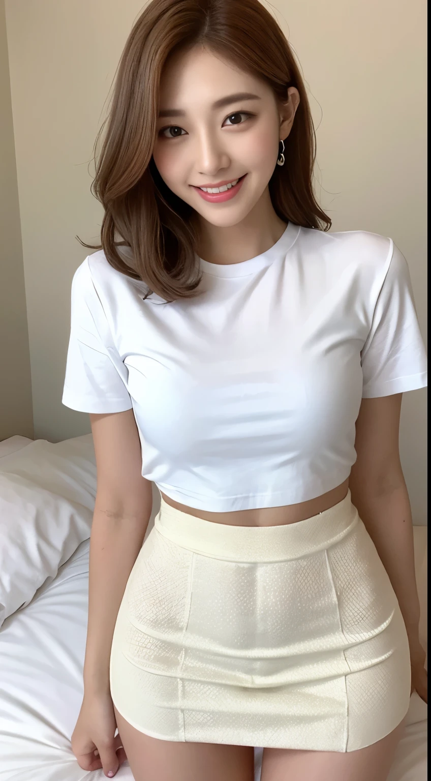 White tight shirt、White tight mini skirt、a bed、a smile、shortsleeves