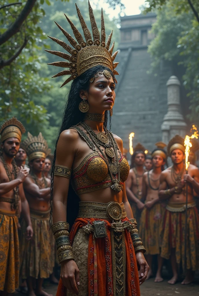 Beautiful aztec woman with pyramids and other aztec people surrounding her