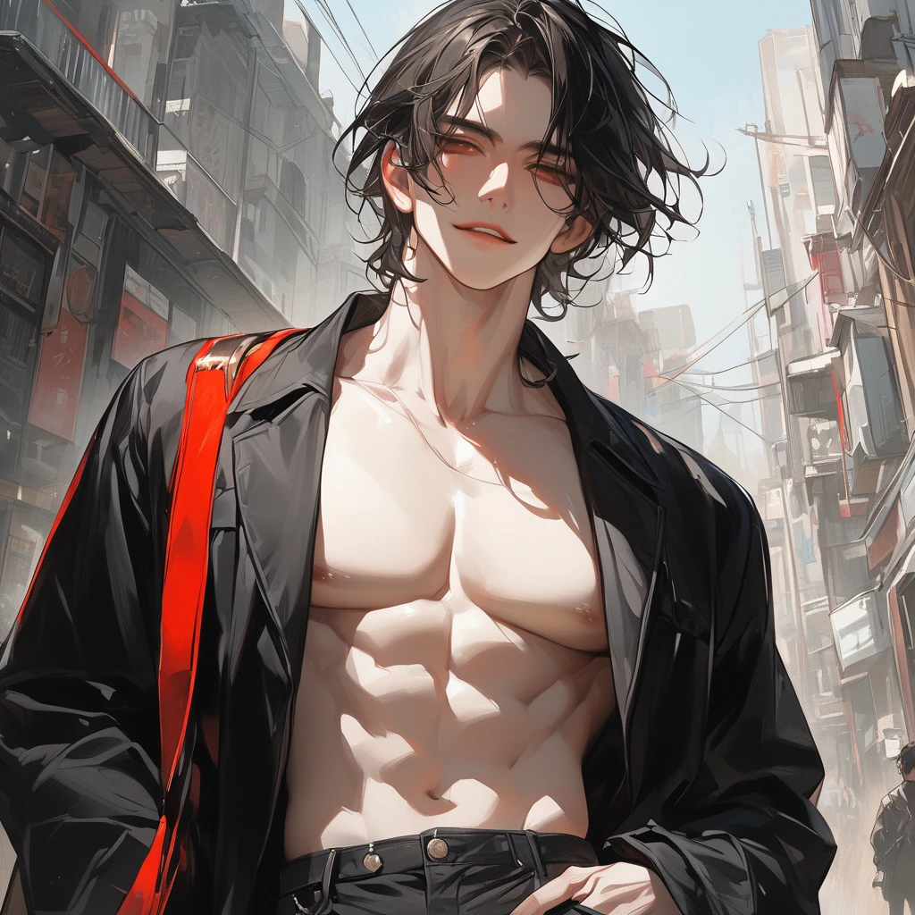 melhor qualidade)), ((obra-prima)), (altamente detalhado:1.3) musculoso, Pale young man with black hair, rosto bonito como o de Naraku (Inu-Yasha) wearing leather pants and jacket, shirtless and a red scarf around his neck, the streets of Tokyo at night in the background with bright lights and neon, rosto detalhado, olhos perfeitos e vermelhos, pale face, pale body