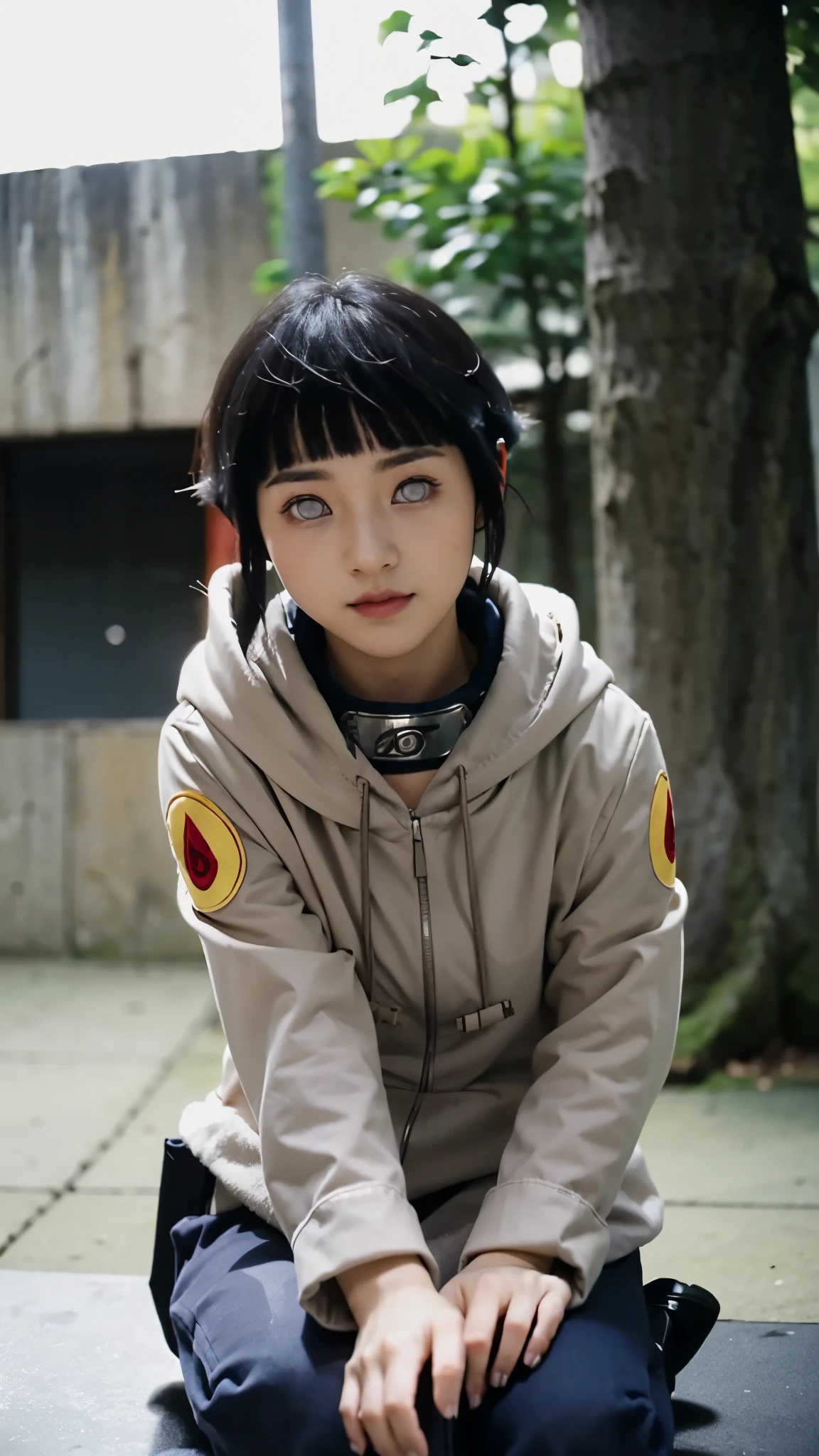 Create a photorealistic portrait of Hinata Hyuga from Naruto as if she existed in the real world. She is a stunning young woman with long, flowing dark indigo hair, soft bangs framing her delicate face. Her eyes are a pale lavender shade, glowing with warmth and sincerity, and have no visible pupils, staying true to her Byakugan heritage. She has a soft, graceful smile that radiates kindness, shyness, and quiet confidence. Her skin is porcelain-smooth, with a natural glow and flawless complexion. She wears a modern, subtle version of her ninja outfit—light lavender and cream tones with a hoodie-style top and delicate textures. Her posture is gentle yet dignified, reflecting her inner strength. The background is softly blurred to highlight her face. Ultra-detailed textures, lifelike lighting, cinematic depth of field, high resolution, hyper-realistic style, 8K render.