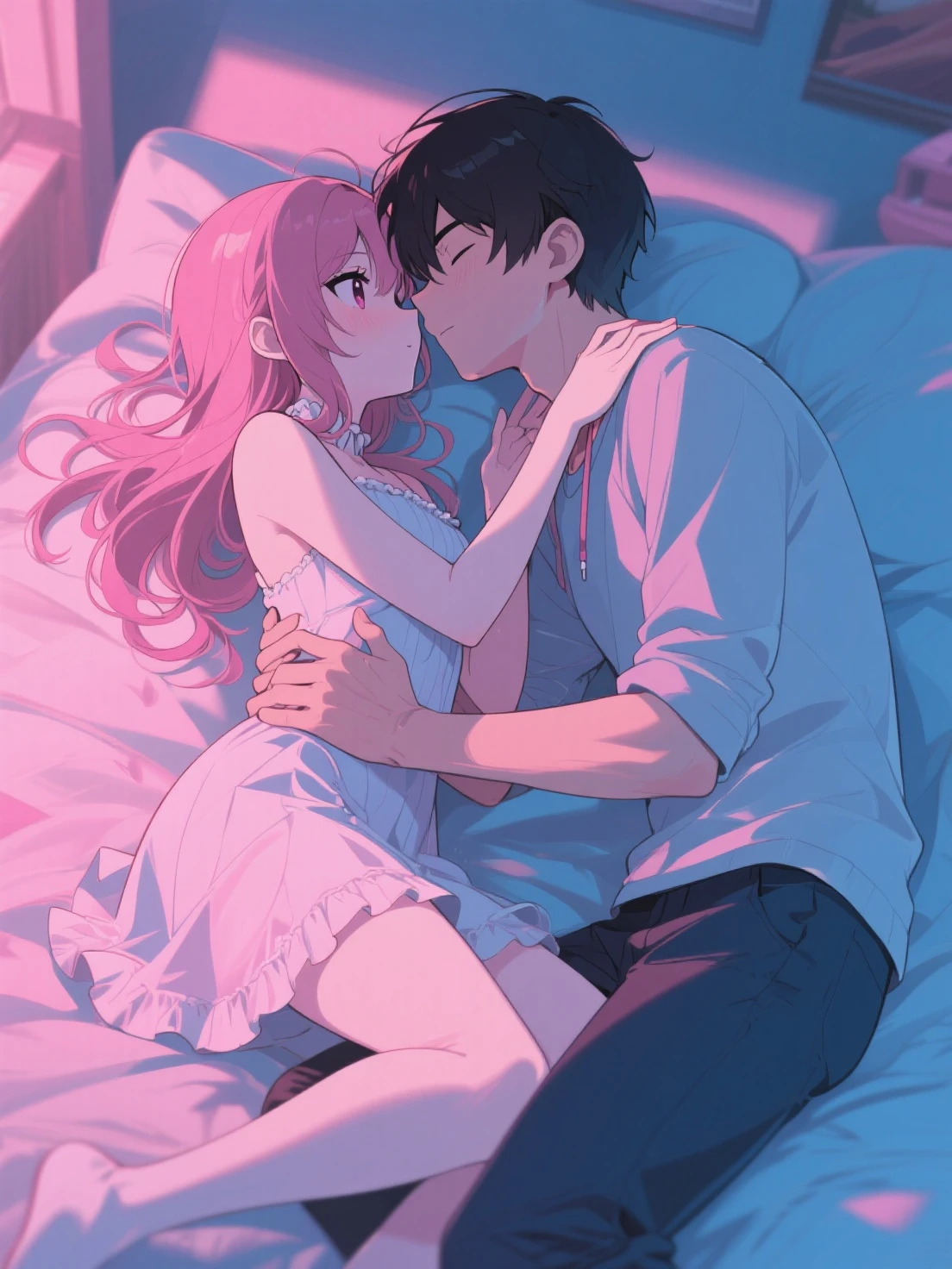 Anime boy having with his girlfriend in bed in front of his mother
