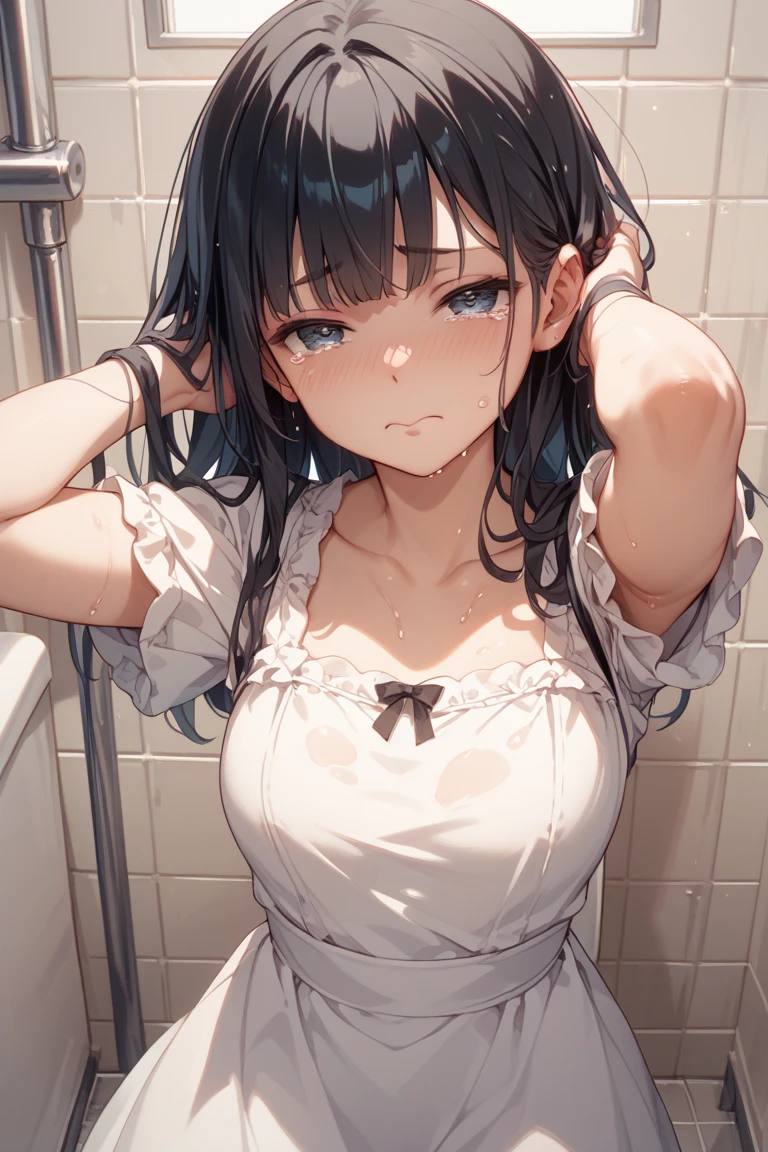 short girl, small breasts, 1 girl, shower, suggestive pose, close up, wet,, multiple views, pencil sketch, (sketch:1.25), best quality, Line draft, highres, (ultra-detailed:1.1), (illustration:1.1), (infographic:1.2), (solo), perfectly drawn hands, standing, cohesive background, paper, action, (character design:1.1)