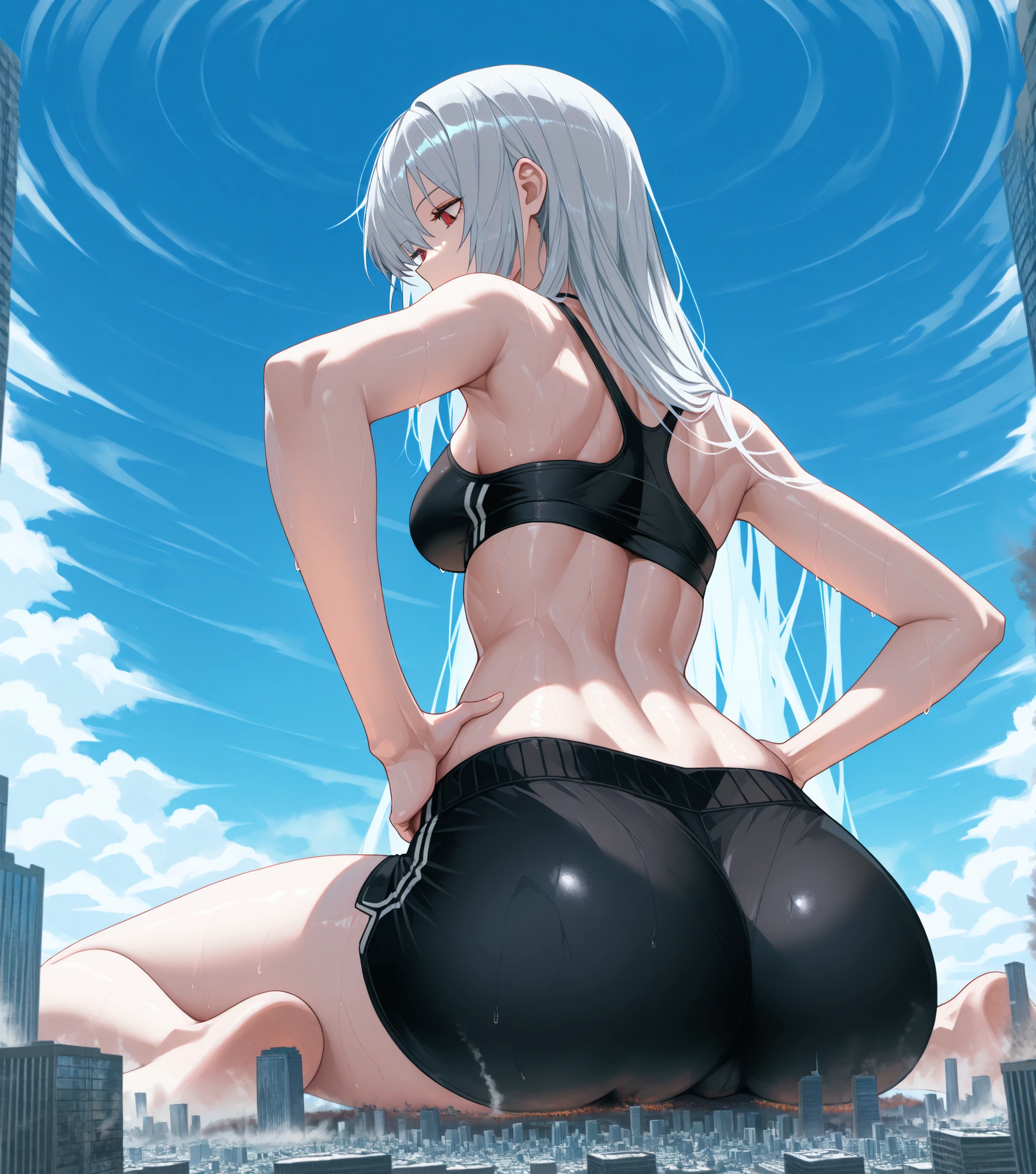 Super detailed、highest quality、Best image quality、masterpiece、8K、Anime Face、A kind smile、Open Mouth、Sparkling Blue Eyes、Long blonde curly hair、Cat ears grow、Wearing a frilly headband、(SFW huge body)、(((Rear view)))、Cowboy Shot、(Wearing a white thong:1.5)、Muscles of the whole body、Hands on hips、It emphasizes the buttocks