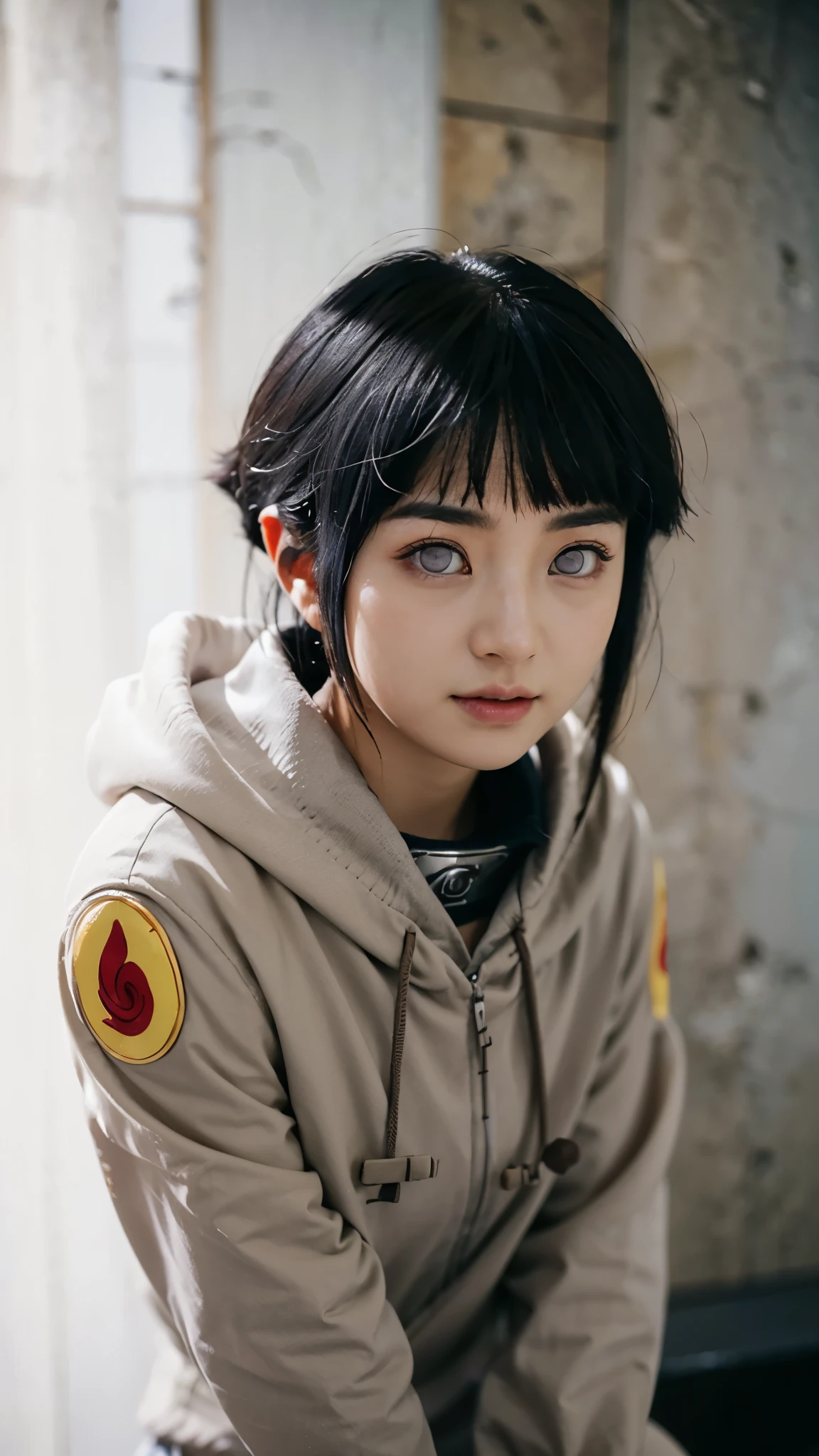 Create a photorealistic portrait of Hinata Hyuga from Naruto as if she existed in the real world. She is a stunning young woman with long, flowing dark indigo hair, soft bangs framing her delicate face. Her eyes are a pale lavender shade, glowing with warmth and sincerity, and have no visible pupils, staying true to her Byakugan heritage. She has a soft, graceful smile that radiates kindness, shyness, and quiet confidence. Her skin is porcelain-smooth, with a natural glow and flawless complexion. She wears a modern, subtle version of her ninja outfit—light lavender and cream tones with a hoodie-style top and delicate textures. Her posture is gentle yet dignified, reflecting her inner strength. The background is softly blurred to highlight her face. Ultra-detailed textures, lifelike lighting, cinematic depth of field, high resolution, hyper-realistic style, 8K render.