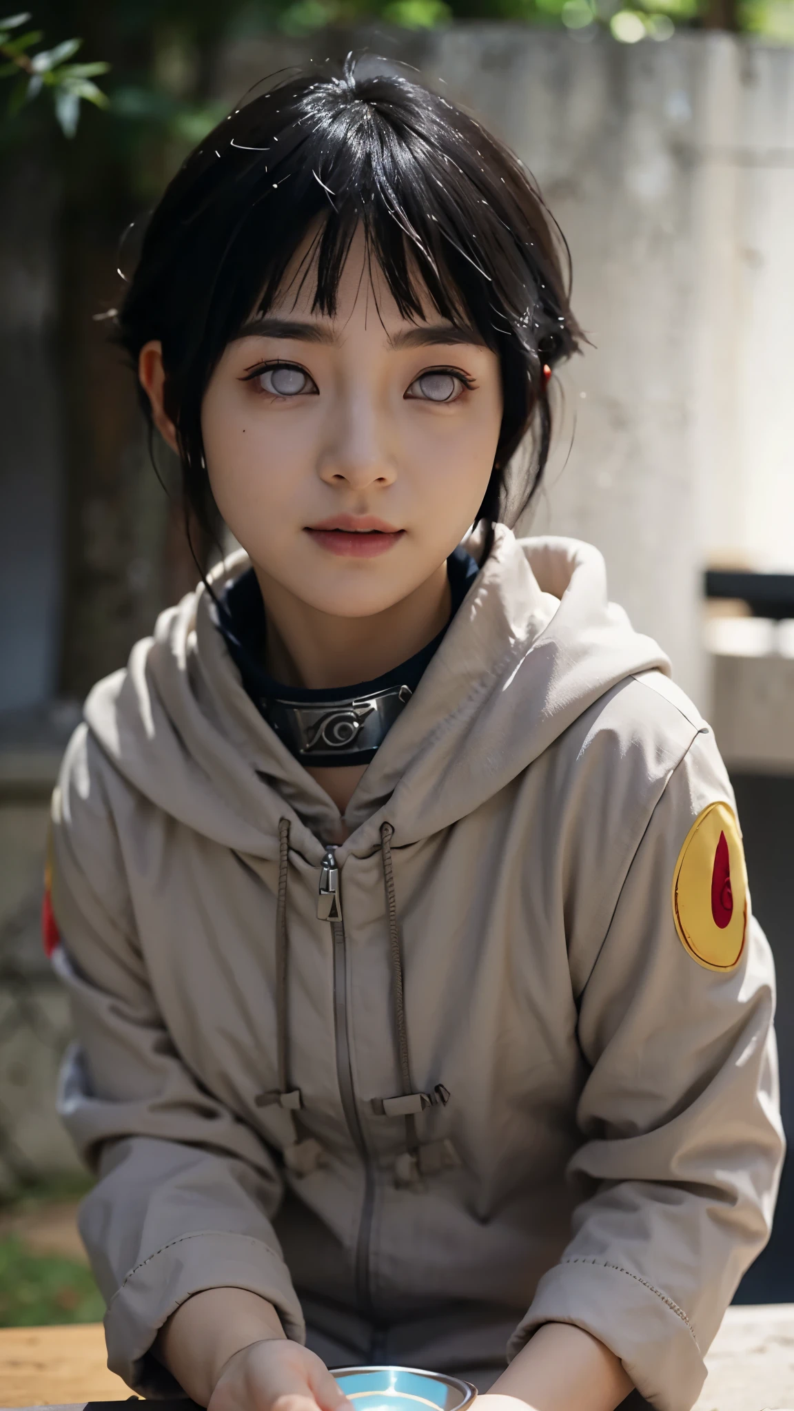 Create a photorealistic portrait of Hinata Hyuga from Naruto as if she existed in the real world. She is a stunning young woman with long, flowing dark indigo hair, soft bangs framing her delicate face. Her eyes are a pale lavender shade, glowing with warmth and sincerity, and have no visible pupils, staying true to her Byakugan heritage. She has a soft, graceful smile that radiates kindness, shyness, and quiet confidence. Her skin is porcelain-smooth, with a natural glow and flawless complexion. She wears a modern, subtle version of her ninja outfit—light lavender and cream tones with a hoodie-style top and delicate textures. Her posture is gentle yet dignified, reflecting her inner strength. The background is softly blurred to highlight her face. Ultra-detailed textures, lifelike lighting, cinematic depth of field, high resolution, hyper-realistic style, 8K render.