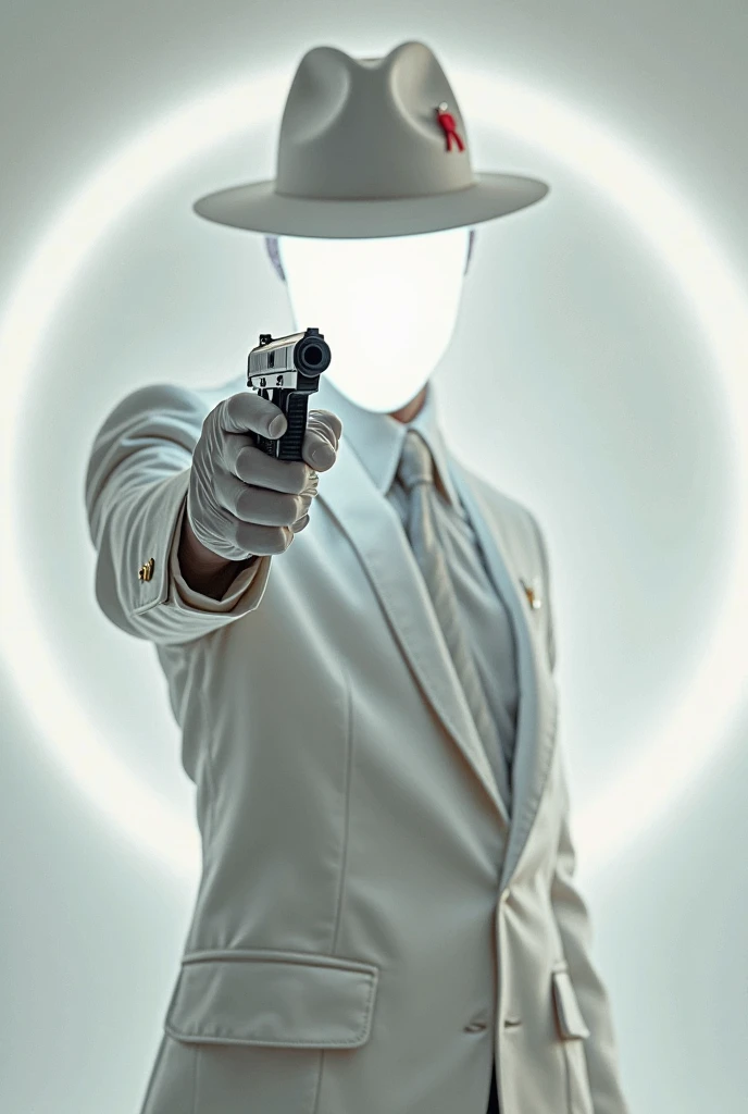 A man holding a gun Wearing white blazer, white pant and white mask sitting on chair
