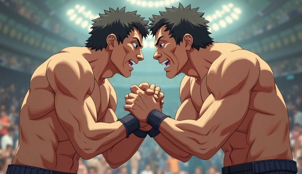 Make a thumbnail for my Instagram reel in which two male anime separately one doing pushups and one doing dips