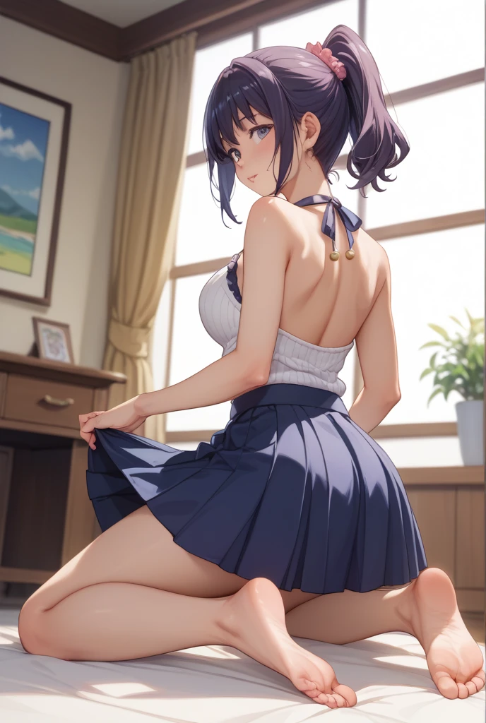 (Very detailed CG Unity 8K 壁紙),(masterpiece), (Highest quality), (Very detailed), (Best illustrations),(Best Shadow), Detailed underwear、Realistic textured underwear、Large Breasts,16 years old,Purple eyes and short purple hair,Cheerleader、With your butt facing the viewer、Sticking out her butt、Angle from behind、