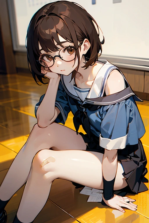 pretty girl , thin、Short brown hair,squat、mischief、Saucy、 Provocative smile、Shyness、Steam rises around her, Shooting from below, One Girl, Very short hair, Red frame glasses、White blouse, Navy Blue Skirt, Navy blue socks, Brown Loafers, White panties,, Everyday Style, Highest quality, 4K, 8K, High resolution, masterpiece:1.2, Very detailed, Realistic, photoRealistic, photo-Realistic:1.37, High resolution, 超High resolution, Studio Lighting, Ultra-fine painting, Sharp focus, Physically Based Rendering, Very detailed説明, Professional, Vibrant colors, Bokeh