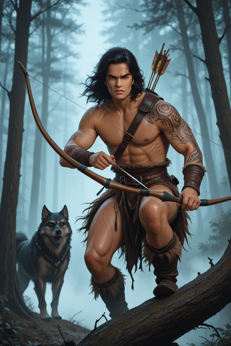 A very handsome young man with long black hair down to the floor and bangs to the side. He is a handsome man with masculine features.. He has very tanned skin.. He is shirtless. He has a red heart pendant on his chest.. He has panther ears on his head.. He is wearing beige fur pants and shoes in the shape of cloven hooves.. He squats in the dark ferns and shoots a bow.. Next to him is a kind black panther.