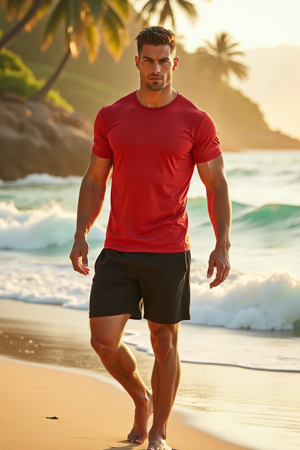 I want a man running on a beach, he is in full body profile, his hair is black, his eyes are brown. He is dressed in light red shorts and a white t-shirt. Realistic image, maximum quality.