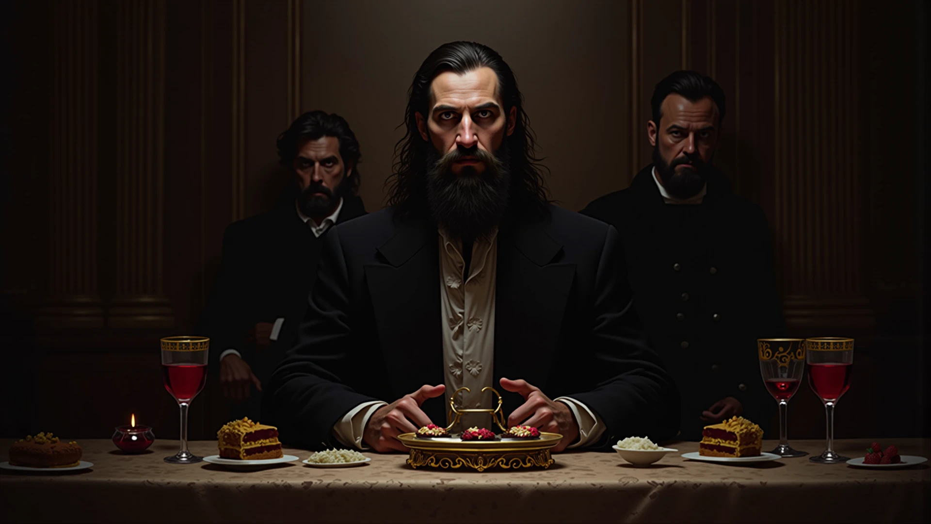 Create an artwork of a Victorian castle and in the middle of the hall there is a red gold throne, Sitting on this red throne is a man with long black hair and a short beard that match his age., he is dressed in black formal clothing and adorned with a red tie