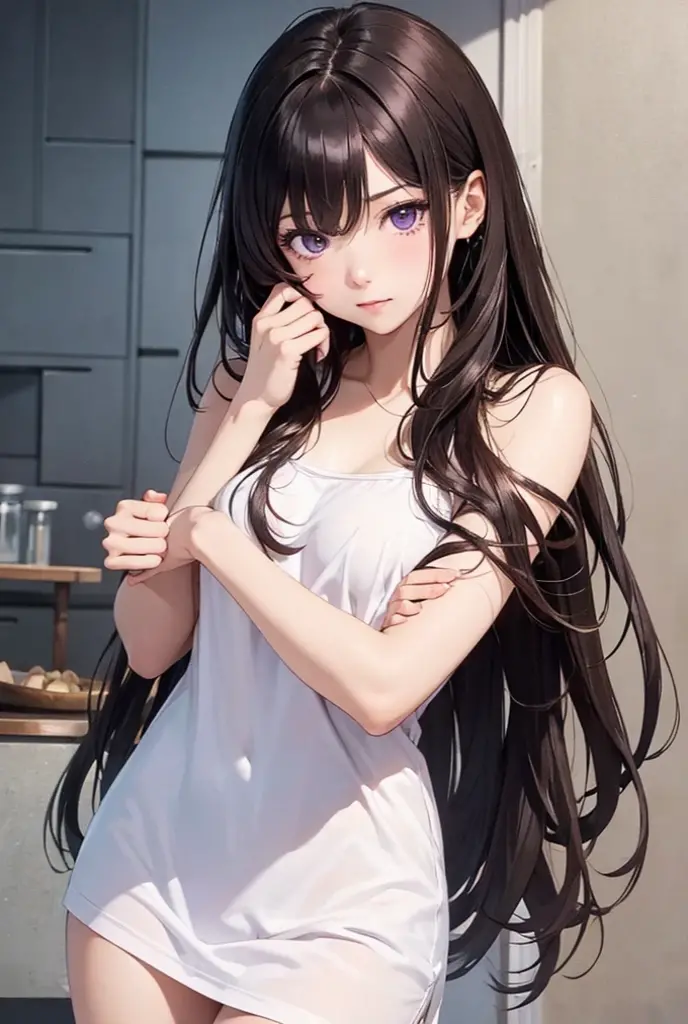 masterpiece, best quality, NshroWS4, 1girl, shirt, long hair, horns, purple eyes, solo, white shirt, oni horns, looking at viewer, simple background, white background, black hair, hair ornament, sitting, simple background, off shoulder, <lora:NoshiroV4-15:1>